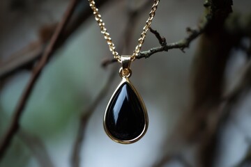 Black stone necklace, pendant, a small onyx teardrop pendant, set in a delicate antique gold frame,