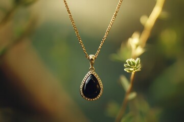 Fototapeta premium Black stone necklace, pendant, a small onyx teardrop pendant, set in a delicate antique gold frame,
