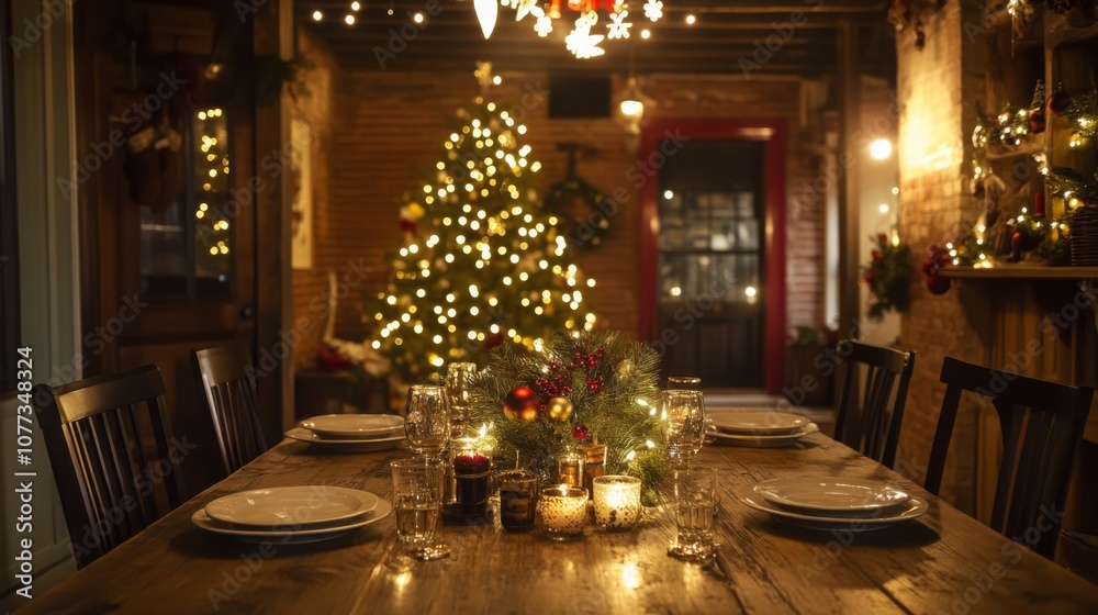 Poster a rustic dining table is set for a festive holiday dinner, adorned with elegant tableware and sparkl