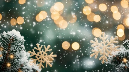 Fototapeta premium A magical winter scene featuring gently falling snowflakes amidst twinkling warm lights.