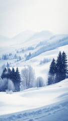 Fototapeta premium Watercolor style, idyllic winter landscape with snow covered hills and trees. Beautiful winter landscape with mountains, cold temperature. Wilderness, environment, no houses or industry.