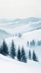 Fototapeta premium Watercolor style, idyllic winter landscape with snow covered hills and trees. Beautiful winter landscape with mountains, cold temperature. Wilderness, environment, no houses or industry.