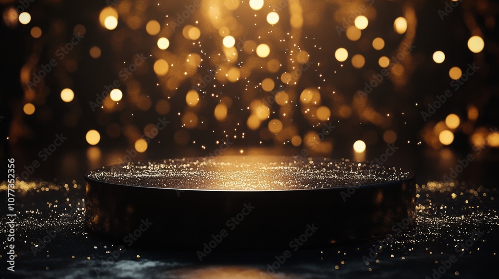 Leinwandbilder a black platform sits in the foreground of the image. it is covered in small, sparkling particles.