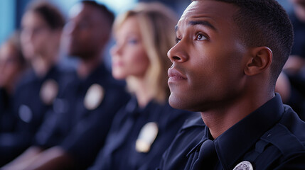 A Group of Police Recruits Attentively Listening to a Training Presentation in a Classroom Setting During an Evening Session
