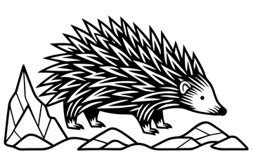 Porcupine Exploring Rocky Terrain Detailed Line Art Vector Illustration
