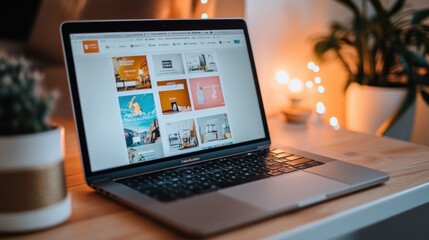 Open Laptop Showing a Website with Several Images on a Wooden Desk