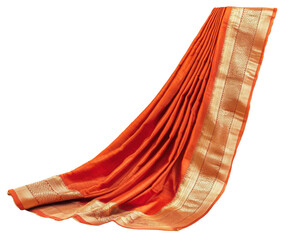 Elegant orange silk saree draped beautifully, showcasing intricate pleats and golden border.
