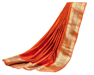 Elegant orange silk saree draped beautifully, showcasing intricate pleats and golden border.