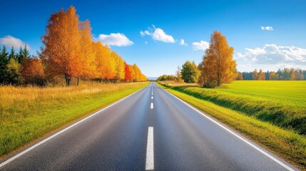 A long, empty road stretches endlessly through vibrant autumn landscapes, flanked beautifully by colorful trees and expansive open fields beneath a bright, radiant blue sky, inviting exploration