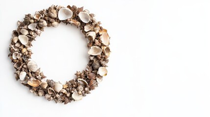 Seashell wreath on minimalist white background with coastal decor vibes