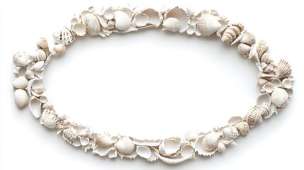 Fototapeta premium Seashells arranged in oval shape on white background - coastal decor and natural beauty