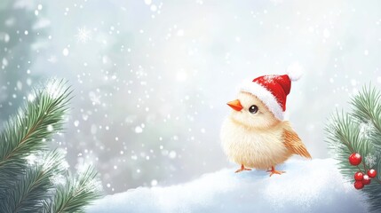 A cheerful little bird wearing a Christmas hat stands on snow surrounded by evergreen branches