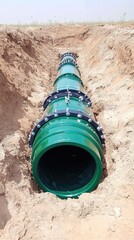 Innovative seawave tank installation with green piping in an excavated trench for city sewage management