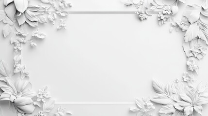 Obraz premium Elegant white floral frame with intricate leaf and flower details on subtle background