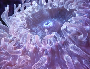 Fototapeta premium Detailed close-up of a fluorescent coral polyp, revealing its vibrant hues and intricate beauty in the underwater realm