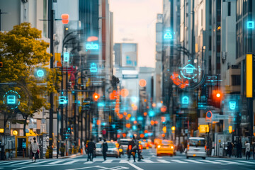 A bustling city street illuminated with digital icons showcasing technology and connectivity
