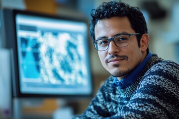 Man in glasses with confident smile at computer workstation