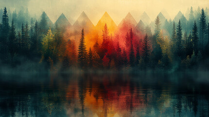 A serene landscape featuring misty trees, a colorful sunset, and a reflective water surface that creates a tranquil and dreamlike atmosphere.
