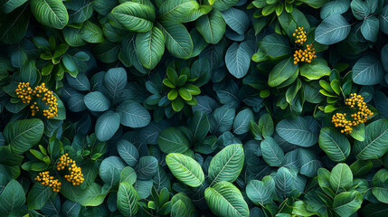 A lush arrangement of green leaves and vibrant yellow flowers, creating a rich texture and natural aesthetic.