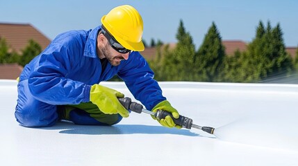 A dedicated worker cleans a white rooftop with high-pressure water, showcasing skill and precision against a serene concrete backdrop