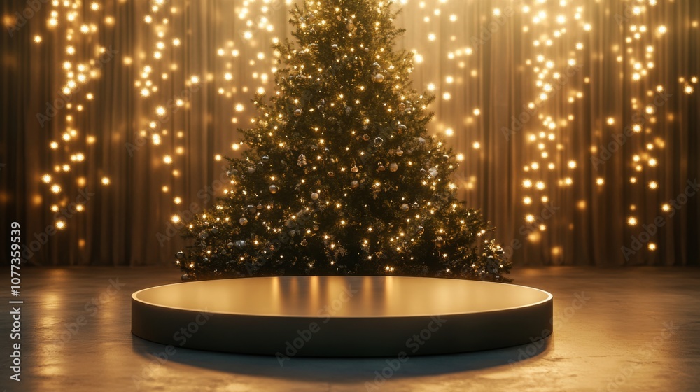 Poster A round, golden platform sits in the foreground of the image. Behind it, a Christmas tree with string lights is visible. The background is a blurry, out-of-focus curtain with string lights.