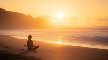 Fototapeta premium Woman meditating on a beach at sunset with ocean waves in the background.