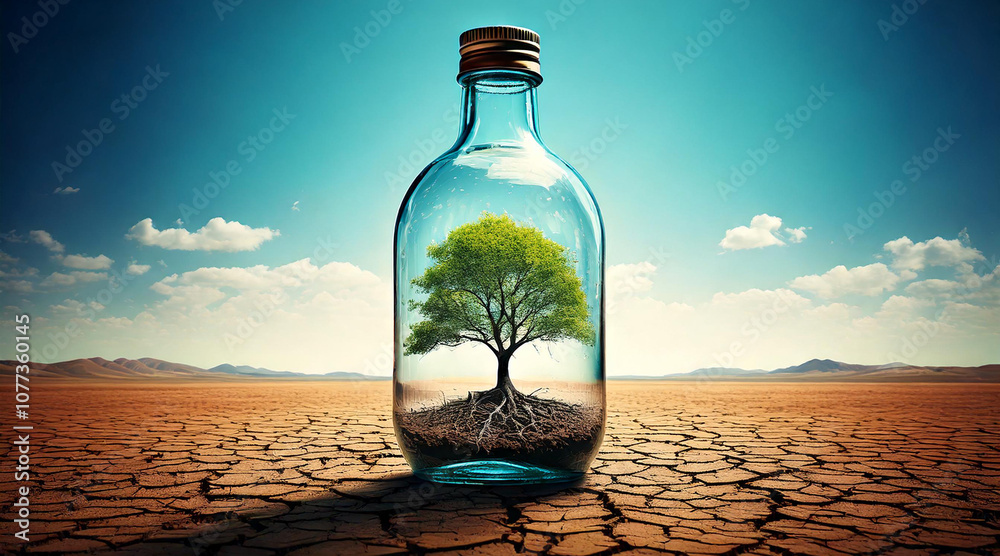 Wall mural Conceptual image: big single glass bottle filled with clear water, representing life and sustainability