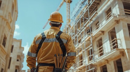 Fototapeta premium Construction Worker Overseeing Building Site with Scaffolding and Crane Under Clear Blue Sky