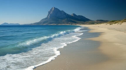 Fototapeta premium Waves gently lapping on a sandy beach with a mountain backdrop on a clear day