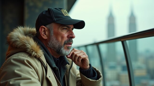 A contemplative man overlooks the urban landscape, taking in the view of towering buildings and a cloudy sky while dressed warmly for the chilly weather