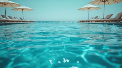 Fototapeta premium Tranquil blue pool water with blurred lounge chairs and umbrellas.