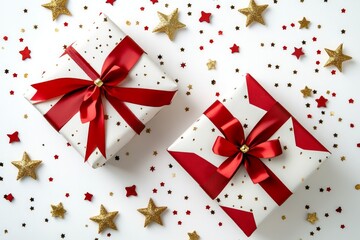 white background with red and gold ribbon gifts, stars and confetti on the sides, christmas