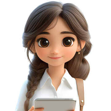 An engaging 3D animated portrayal of a businesswoman networking with a digital tablet, in a cartoon style, against a white backdrop.