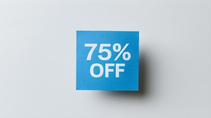 White '75% OFF' Text on a Blue Square Paper Note. White Background with Copy Space