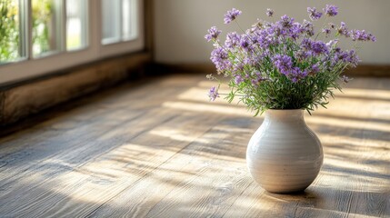 Fototapeta premium A modern living room corner with a lavender plant in a white ceramic pot on hardwood flooring