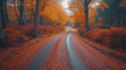 Winding road through autumn forest with fallen leaves.