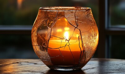 A candle placed inside a cracked, translucent glass vase