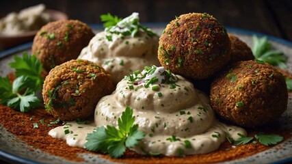 Closeup of a traditional Middle Eastern dish with vibrant spices and fresh ingredients