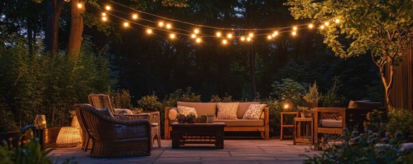 Outdoor patio with rustic wooden furniture, cushions, and string lights overhead, perfect for summer gatherings and relaxation.