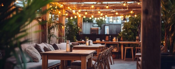 Outdoor patio with rustic wooden furniture, cushions, and string lights overhead, perfect for summer gatherings and relaxation.