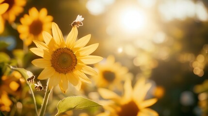 A Honeybee Gathering Pollen on a Sunflower in Warm Sunlight