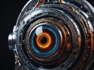 Detailed shot of a robot's eye with a glowing blue lens