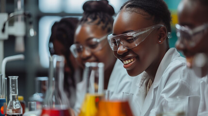 Group of happy black female school students studying science in a college classroom. Inclusive STEM education