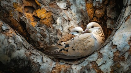 Obraz premium Pair of doves nestled together on a tree