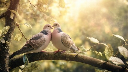 Fototapeta premium Pair of doves nestled together on a tree