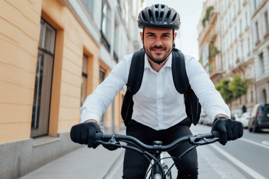 Businessman riding black eco-friendly electric bike from office to home. Young man with e-bike in city street. Sustainable mobility concept