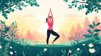 Person doing yoga outdoors with serene nature background