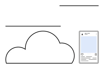 Smartphone screen with social media post interface, large cloud icon in background. Ideal for technology, social media management, cloud computing, data storage, digital marketing, online