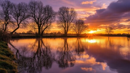 Fototapeta premium Serene sunset over a tranquil lake with silhouetted trees.