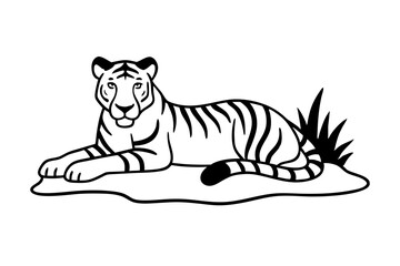 Majestic Tiger Resting by Waterhole Detailed Line Art Vector Illustration of Jungle Serenity